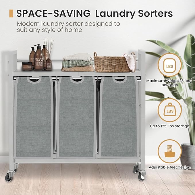SwaaVee Laundry Hamper, Laundry Basket, Laundry Sorter with 3 Removable Bags, Clothes Basket with 3 Compartments, Wheels, Shelf for Laundry Room Bathroom Bedroom (3 Bags-Gray)