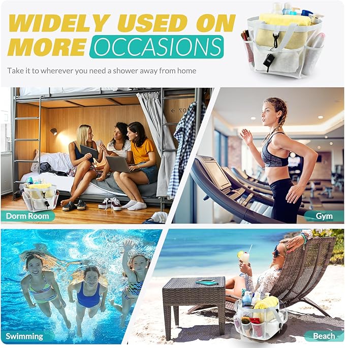 LOYEE Mesh Shower Caddy Portable for College Dorm Room Essentials with 8 Pockets, Shower Bag for Beach, Swimming, Gym, Travel, Bathroom(All white)