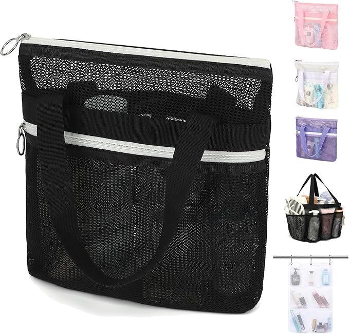 GYEUKHAM Mesh Shower Caddy Portable Shower Bag for Travel, Gym, Camping – Quick-Dry Hanging Toiletry Organizer with Zipper Pockets for Bathroom Essentials,Black