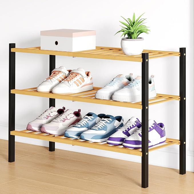 Smiry Bamboo Shoe Rack for Closet, 3 Tier Wooden Stackable Shoe Organizer, Free Standing Shoes Storage Shelf for Entryway, Front Door Entrance, Natural & Black