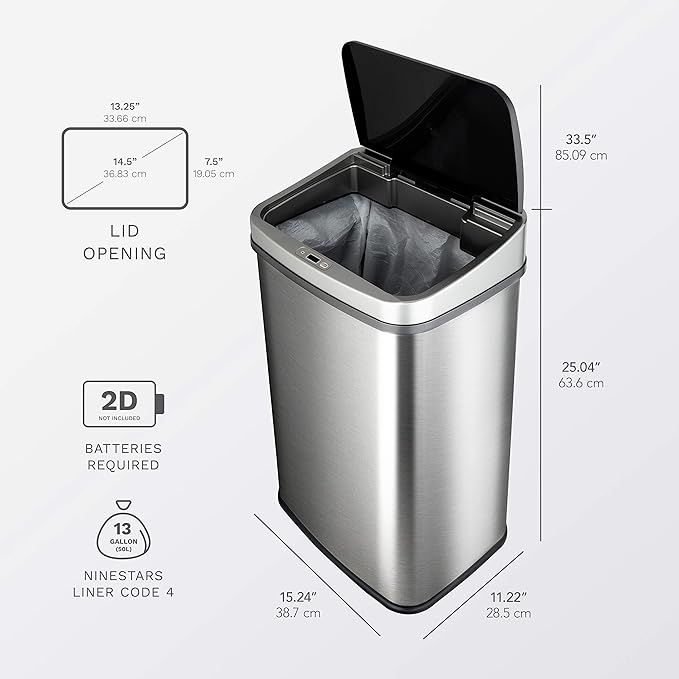 Ninestars DZT-50-28BR Automatic Touchless Motion Sensor Rectangular Trash Can, Black Top, 13 Gal. 49 L., Brush