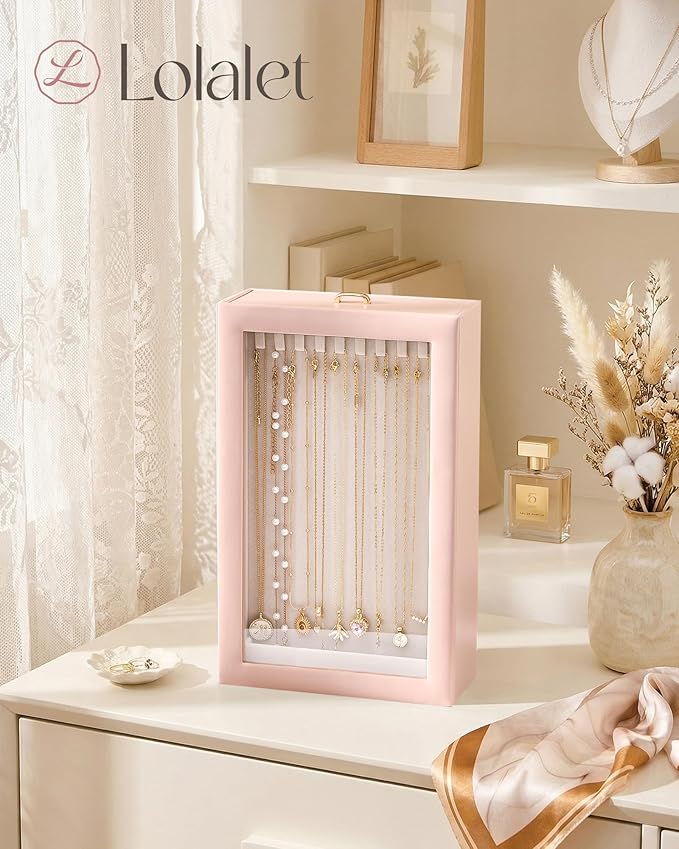 Lolalet Upgraded Double-Sided Hanging Necklace Organizer Box, Jewelry Display Case with Double-Sided Clear Window for Necklaces Bracelets, Tangle-Free Necklace Storage Box, Mothers Day Gift