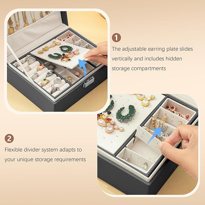 Homeanda Jewelry box 2 layer Jewelry box Leather Jewelry boxes for Women Girls Teens Jewelry organizer box Jewelry Storage box with lock(Black)