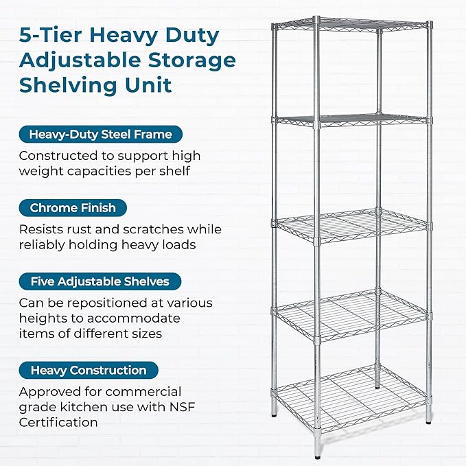 Honey-Can-Do 5-Tier Heavy Duty Adjustable Shelving Unit, 250-lb Per Shelf NSF Certified Metal Storage Rack, Chrome Wire Shelf for Kitchen Pantry Garage, 24 x 18 x 72 in
