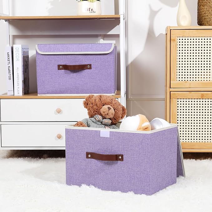ANMINY 2PCS Storage Bin with Lid Storage Boxes with PU Leather Handles PP Plastic Board Decorative Foldable Lidded Cotton Linen Fabric Home Cubes Baskets Closet Organizer Container - Purple, Medium