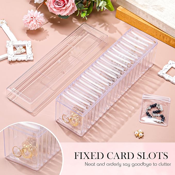 Kenning 63 Pcs Acrylic Jewelry Case Organizer, Clear Jewelry Organizers Holder with Portable Anti Tarnish Storage Bags for Rings, Earrings, Necklaces, Ideal Gifts for Women (Clear)