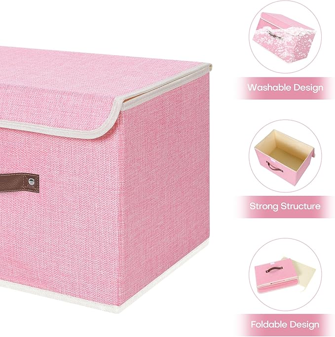 ANMINY Storage Bin with Lid Storage Boxes with PU Leather Handles PP Plastic Board Decorative Foldable Lidded Cotton Linen Fabric Home Cubes Baskets Closet Organizer Container - Pink, Medium