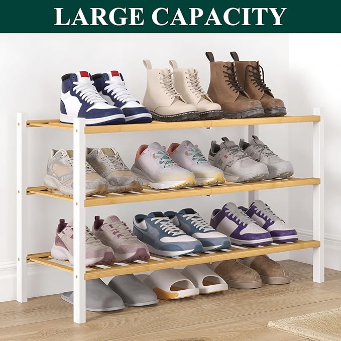 Smiry Bamboo Shoe Rack for Closet, 3 Tier Wooden Stackable Shoe Organizer, Free Standing Shoes Storage Shelf for Entryway, Front Door Entrance, Natural & White