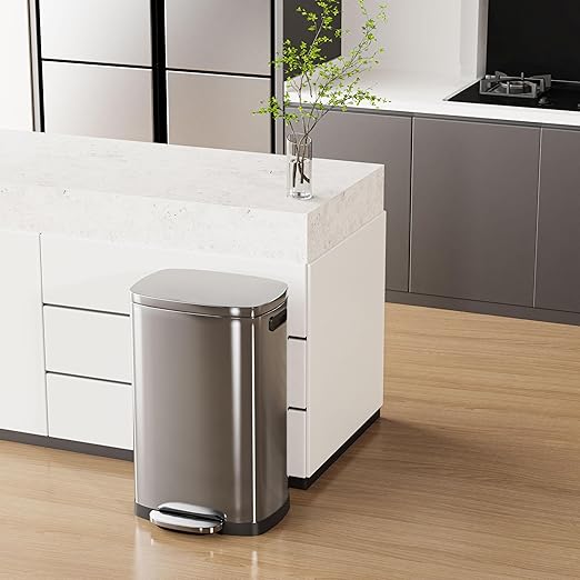 ELPHECO Kitchen Trash Can with Lid Soft Close,13 Gallon / 50L Stainless Steel Pedal Garbage Can, Heavy-Duty Fingerprint Proof Step Wastebasket with 20 Bags, Removable Bucket, Home Office, Silver