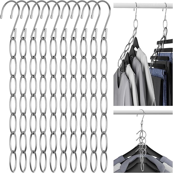 NiHome Clothing Chain Hanger 10-Pack, Metal Closet Organizer Space Saving Hangers with 7 Holes, College Dorm Room Essentials, Closet Organizers & Storage for Home, Office, Cruise & Travel