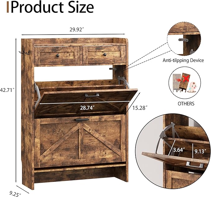 Shoe Cabinet with 2 Flip Drawers & 2 Top Drawers, 43" Tall Freestanding Narrow Wooden Shoe Storage Organizer for Entryway, Hidden Slim Shoe Rack for Front Door Entrance, Hallway, Living Room, Brown