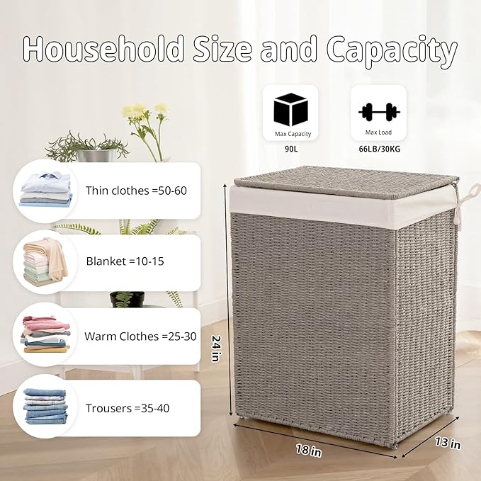 OIAHOMY Laundry Hamper with Lid, 90L(23.8 Gal) Large Wicker Laundry Basket for Bedroom, Handwoven Paper Rope Clothes Hamper with Washable Liner & Metal Frame, Decorative Organizer for Bathroom Grey