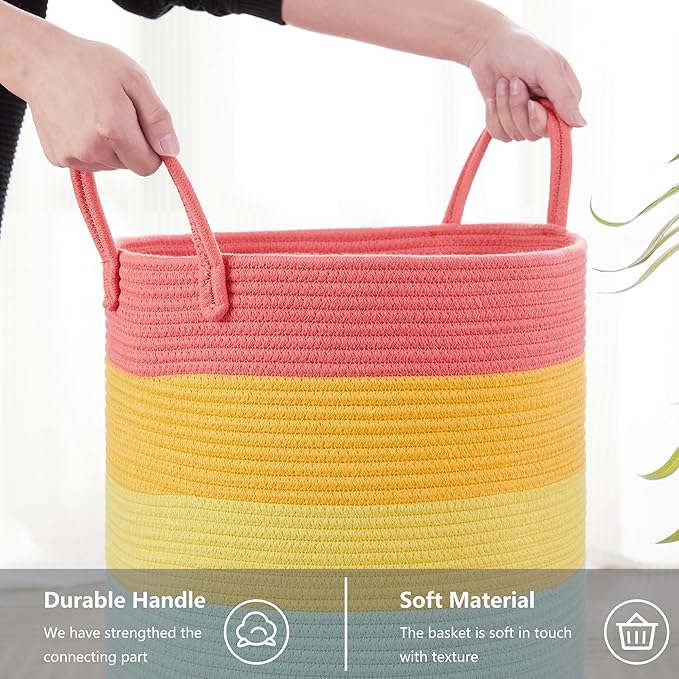 80L Extra Large Rainbow Laundry Hamper Basket for Girls Kids Tall Unicorn Baby Nursery Hamper for Clothes Woven Rope Blanket Toy Basket in Living Room Playroom Bedroom 16"D x 22"H