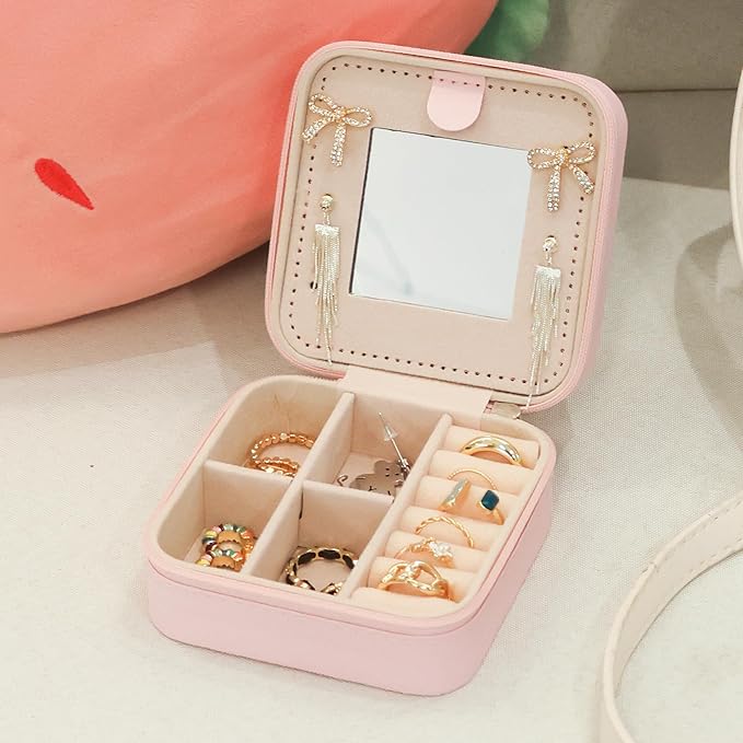 Travel jewelry case,Small Jewelry Box Organizer with Mirror, Gift for Women Girls,3.9"x3.9",Pink,1Pack
