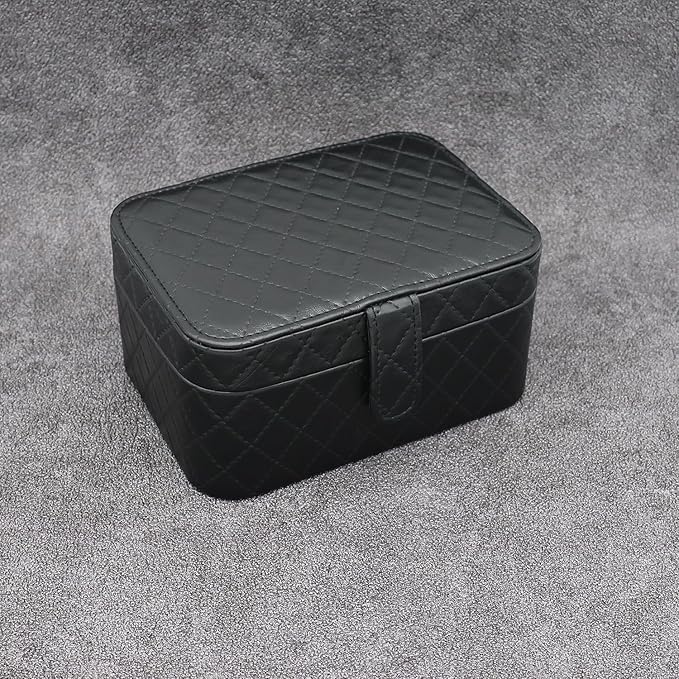 Jewelry Travel Case, 2-Layer Jewelry Box Organizer Medium Jewelry Travel Box, Portable Faux Leather Jewellery Storage Boxes with Argyle for Women, Daily Jewellery Case Home Use (Pure black)