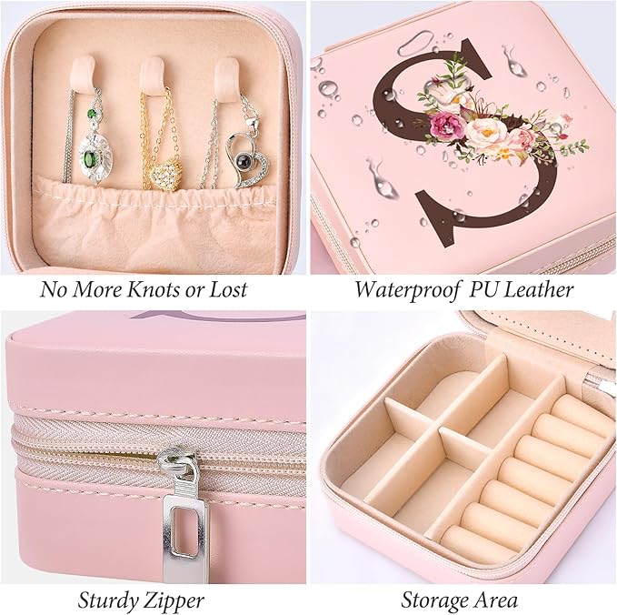 Inngeroo Mothers Day Mom Gifts for Wife Daughter Grandma, Travel Jewelry Case Box Organizer, Personalized Gifts for Women Teen Girls Mom Aunt Sister, Bridesmaid Gifts Traveling Essentials, Initial S