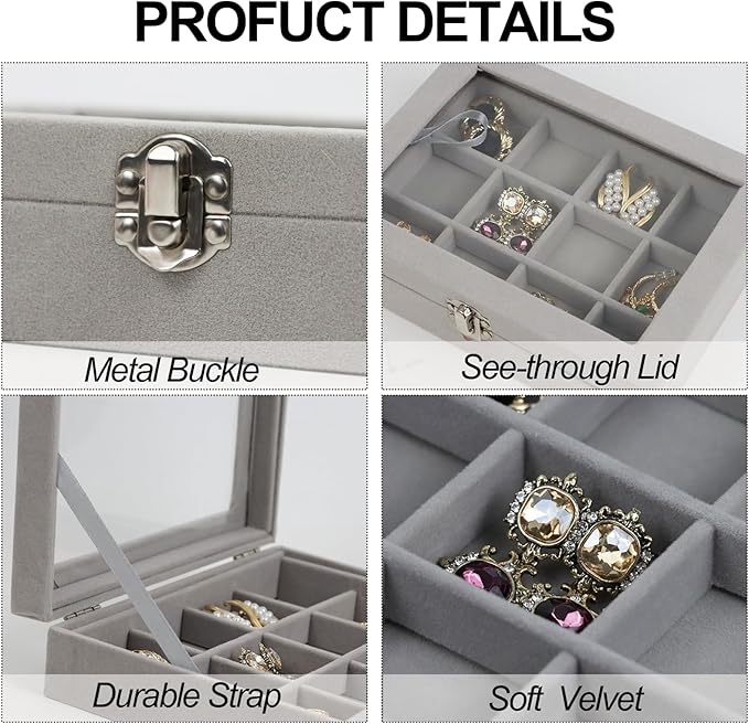 Fordonral Velvet Jewelry Organizer Box, Jewelry Drawer Organizers Trays, Earring Ring Necklace Holder Display Case (Gray, 12 Grid Box)