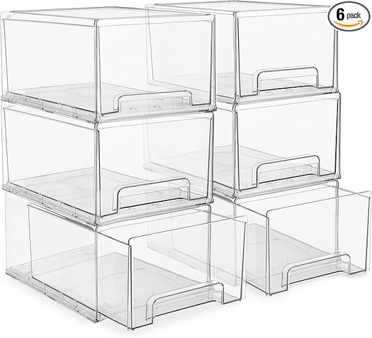 Sorbus Large Clear Stackable Storage Drawers – 6-Pack Plastic Organizer Bins with Handles – Stackable Pull-Out Storage Drawers for Closet, Pantry, Office, Bathroom, Craft, and Toy Organization