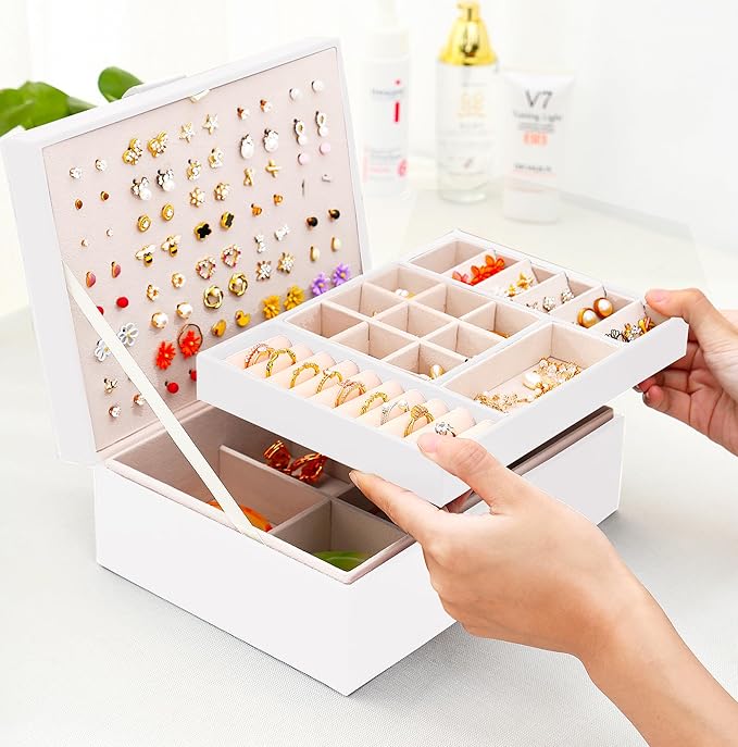 QBestry Girls Jewelry Box for Earrings Jewelry Organizer Box Teen Girls Earrings Organizer Jewelry Box Earring Holder Organizer Stud Earring Box for Girls Womens Jewelry Case Organizer White