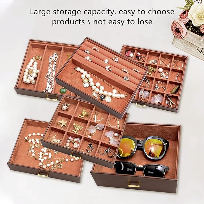 AKOZLIN Extra Large 6-Tier Jewelry Box Organizer with Mirror, 5 Drawers Leather Jewelry Storage Case for Women Girls Ring Necklace Earring Bracelet Brown