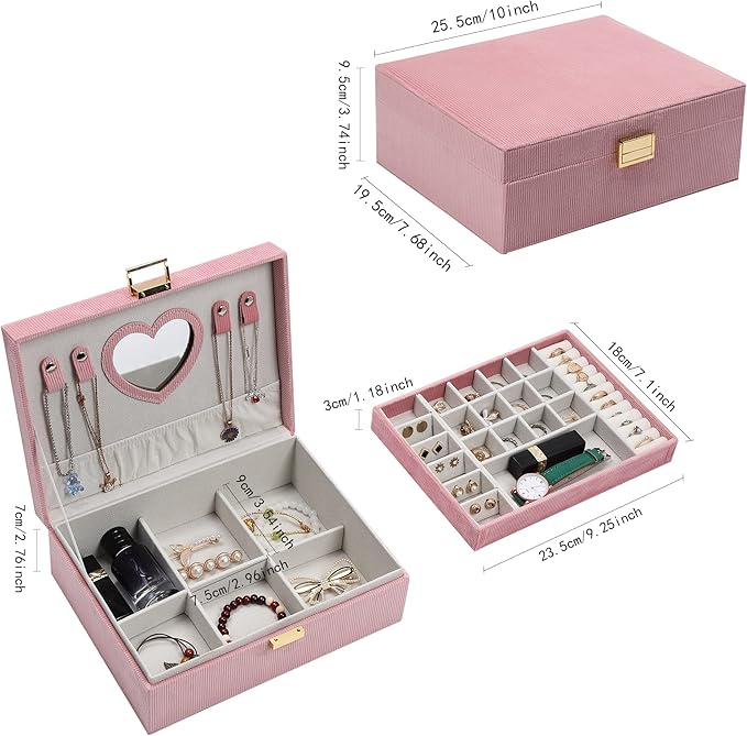 Dajasan Jewelry Boxes for Women Girls, Jewelry Organizer Box, 2-Layer Large Velvet Jewelry Organizer for Rings Necklaces Bracelets Watch Earring（Pink）