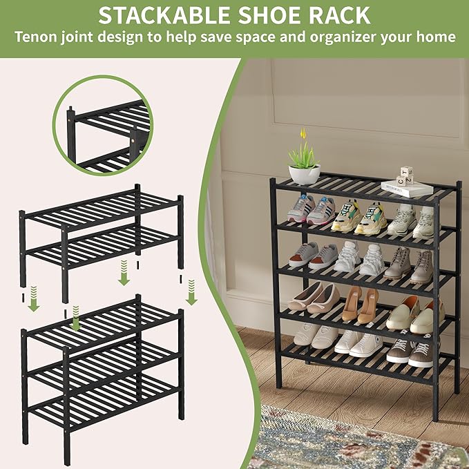 ROMGUAR CRAFT 2 Tier Bamboo Shoe Rack for Closet Free Standing Wood Shoe Shelf for Entryway Small Space Stackable 27"x11"x13" (Black)