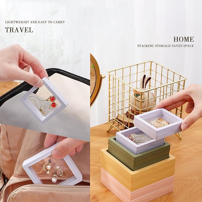 12PCS 3D Floating Frame Display Stand, Jewelry Box, Gift Box, Ornament Organizer, Small Travel Jewelry Box, PE Film Anti-Oxidation, Suspended Display Box Stackable (White, 2.75 * 2.75)