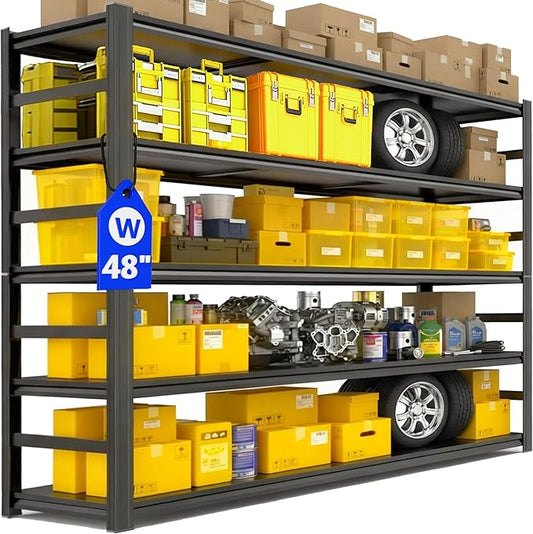 78''H×48''W Garage Shelving,5 Tier Heavy Duty Metal Garage Storage Shelves, Metal Shelving, 3000 lbs Adjustable Standing Shelf and Double-Layer Posts for Garage,Warehouse,Basement Black