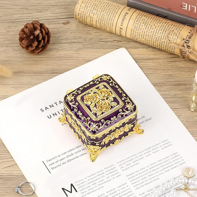 Hipiwe Vintage Jewelry Box Small Trinket Storage Organizer Box Gold Metal Chest Ring Case Treasure Chest Square Keepsake Boxes for Earrings Necklace Gift for Women,Purple
