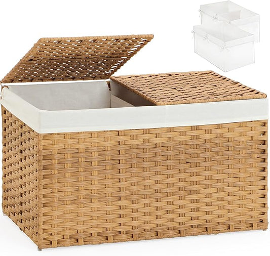 SETVSON Storage Basket with Lid Rattan Storage Basket with 2 Separate Lid, 27.8 Gallon (105 L) 25.2 * 15.4 * 16.1 Inches Woven Wicker Baskets with 2 Liners and Handles for Bedroom Laundry-Natural