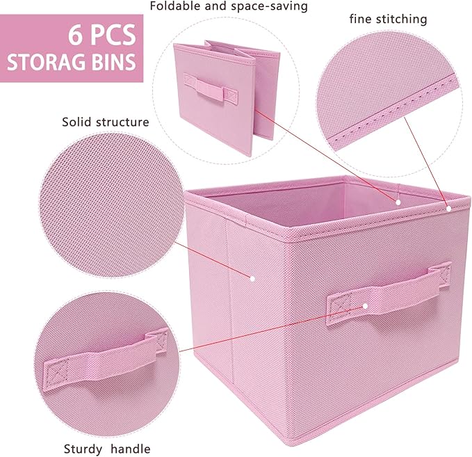 EBIGIC Pink Bins[6 Pack] 9.0"x7.5"x7.5" Small Size Fabirc Foldable Closet Toy Organizer Collapsible Cloth by BIGIC…