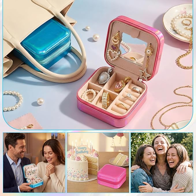 Nosiny 2 Pack Travel Jewelry Case with Mirror Small Laser Jewelry Box Organizer Gifts for Mother's Day Women Rings Earrings(Rose Red and Dark Blue)