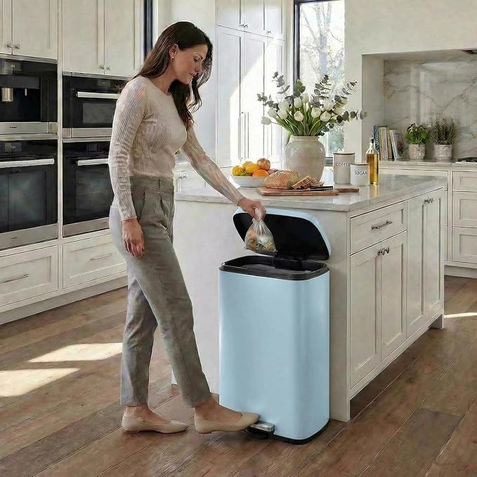 8 Gal Kitchen Trash Can, 30L Recycling or Garbage Bin, Brushed Stainless Steel Waste Basket, Soft&Quiet Close Dustbin, with Step-On Pedal, Removable Inner Bucket, for Home, Office, Living Room