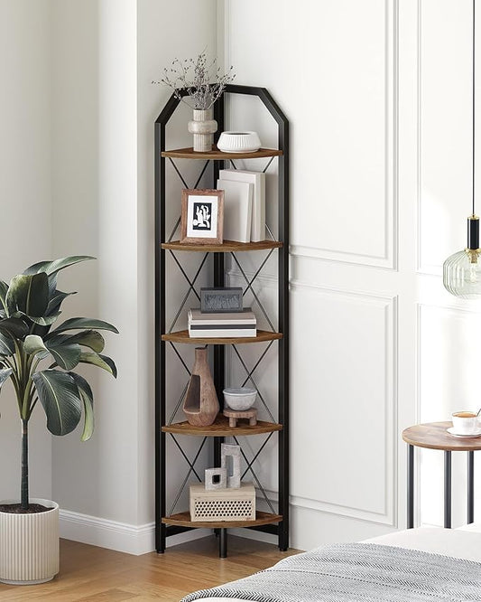 CHOEZON 59.4" Corner Shelf, 5-Tier Industrial Corner Bookshelf, Corner Storage Stand, Plant Stand Display Shelf, Bookcase for Bedroom, Living Room, Home Office, Rustic Brown and Black TCJ10BF