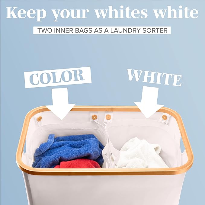 LONBET Laundry Basket with Lid, Made from Breathable Fabric | Aesthetic Clothes Hampers for Laundry with Side Handles & Sturdy Bamboo Frame (40 Gallons - Double, Beige)