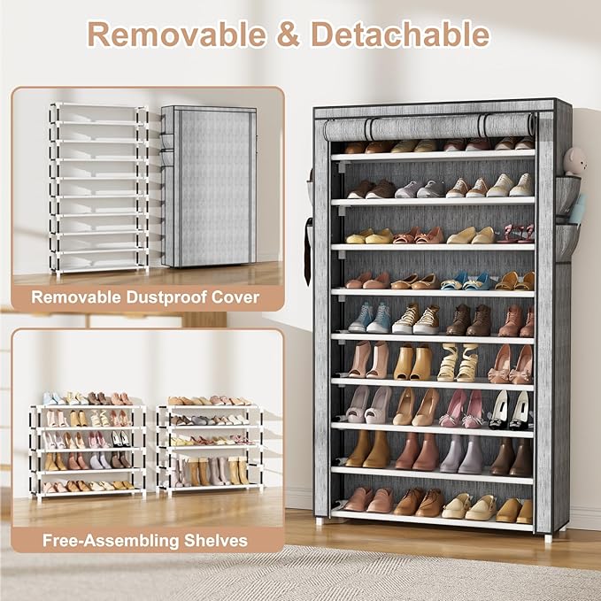 VILICK Shoe Rack with Cover Narrow Shoe Organizer with Pockets 10 Tier Tall Shoe Storage Holds 36-41 Pairs Shoes and Boots Shoe Rack for Closet Entryway Garage, Printing