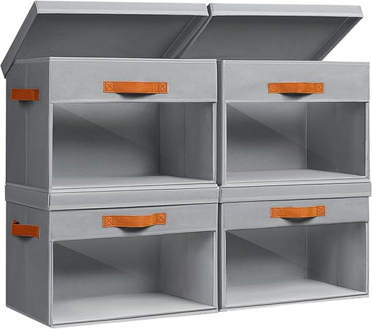 Homsorout Large Storage Bins with Lids - 4 Pack Foldable Decorative Organizers with Clear Windows & Handles, Cube Storage Organizers for Clothes, Blankets, Sweaters, Sheets, Grey