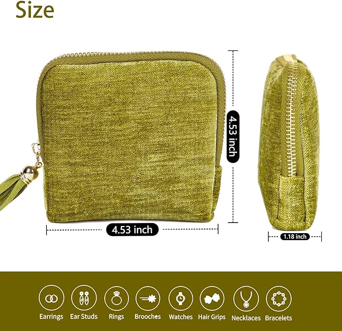 ASINGYER Travel Jewelry Storage Bag for Women, Velvet Portable Jewelry Organizer with Tassel Zipper, Small Pouches for Bracelets Necklaces Rings Earrings, Wedding Gift for Women (Green)