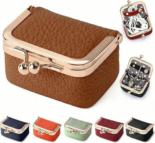 Zivyes Mini Jewelry Box Travel Small Coin Purse Organizer Case Genuine Leather Tiny Size (Caramel)