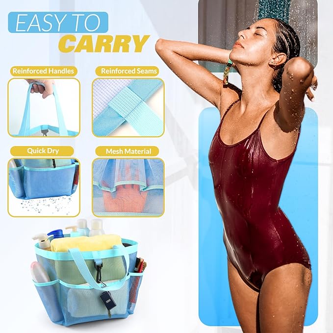 LOYEE Mesh Shower Caddy Portable for College Dorm Room Essentials with 8 Pockets, Shower Bag for Beach, Swimming, Gym, Travel, Bathroom(All blue)