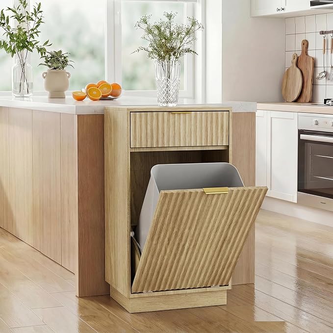 Tilt-Out Trash Cabinet with 10-Gallon Capacity, Walnut Laundry Hamper Cabinet, 34.3 x 19 x 13.8 inches, Wave-Textured Front.