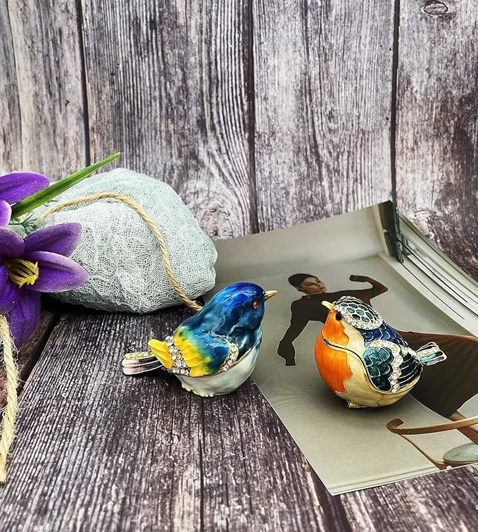 JWT Astyle Blue Mountain Bird Hinged Trinket Box with Crystal Stones .Animal Jewelry Box.Necklace Rings Earrings Storage.Bird Figurines Home Decor,Collectible Trinket Boxes Gift ., Blue Yellow