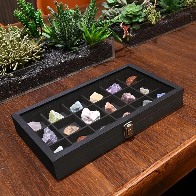 MOOCA Wooden Jewelry Display Case with Tempered Glass Lid & 18 Compartments Tray, Rock Collection Box, Crystal Display Case, Black Color