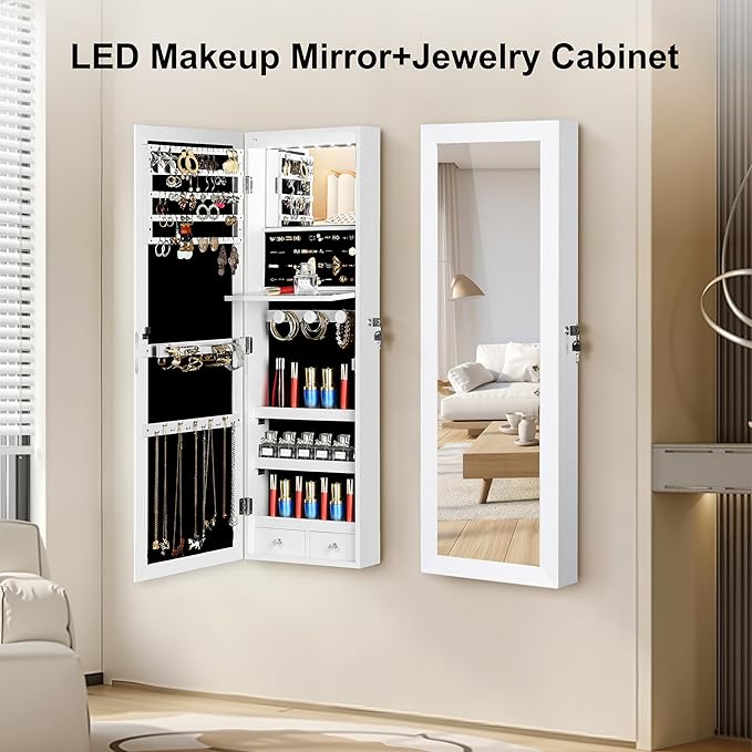 Mirror Jewelry Cabinet, Wall/Door Mounted Jewelry Armoire with Full-Length Mirror, Hanging Jewelry Organizer with LED Interior Lights, White