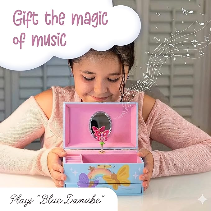 The Memory Building Co Butterfly Musical Jewelry Box Plays Classic Melody, Storage Organizer Music Box for Kids Ages 6-12, MDF Wood w/ 2 Fabric Lined Ring Bracelet Necklace Treasure Compartments