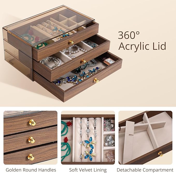 CLUQMEIK 3 Layer Acrylic Case Wooden Drawer Jewelry Organizer with Velvet Lining, Jewelry Box for Women and Girls to Store Rings Earrings Bracelets Necklaces（B）