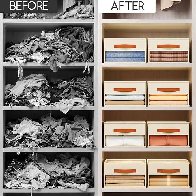 Homsorout Drawer Organizers and Storage - 6 Pack Foldable Pants Organizer with Clear Window & Handles, Fabric Closet Organizer for Clothes, Jeans, Sweaters, Towels, T-shirt, Scarf (Beige)