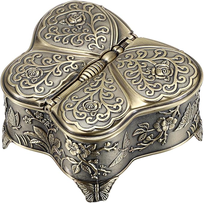Hipiwe Vintage Metal Jewelry Trinket Box - Butterfly Shape Jewelry Organizer Treasure Chest Ring Holder Earrings Necklace Storage Box Keepsake Box,Brozne,Medium