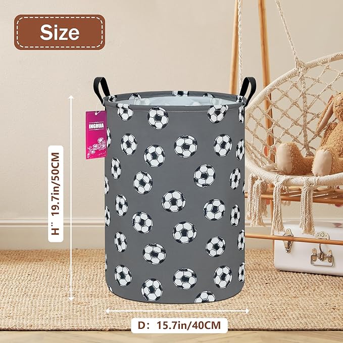 Laundry Hamper Large Canvas Fabric Lightweight Storage Basket/Toy Organizer/Dirty Clothes Collapsible Waterproof for College Dorms, Boys and Girls Bedroom,Bathroom(grey football)