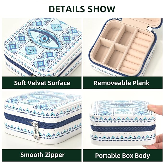 shunmei Mini Travel Jewelry Box,PU Leather Portable Jewelry Organizer Case,Art Accessories Storage Holder Boxes for Earring, Necklace, Rings, Bracelets (White Eyes)